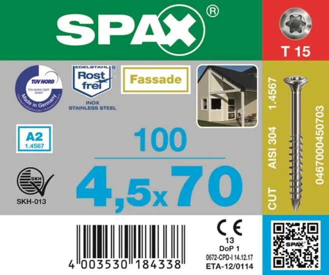 Spax glaslatschroef r.v.s. a2, 3,5 x 40 z 2 á 200 deeldraad